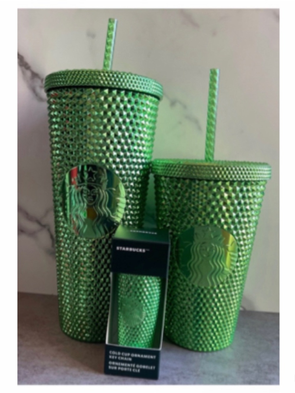 NEW Starbucks Metallic Chrome Green Studded Keychain Venti Grande Tumbler Set